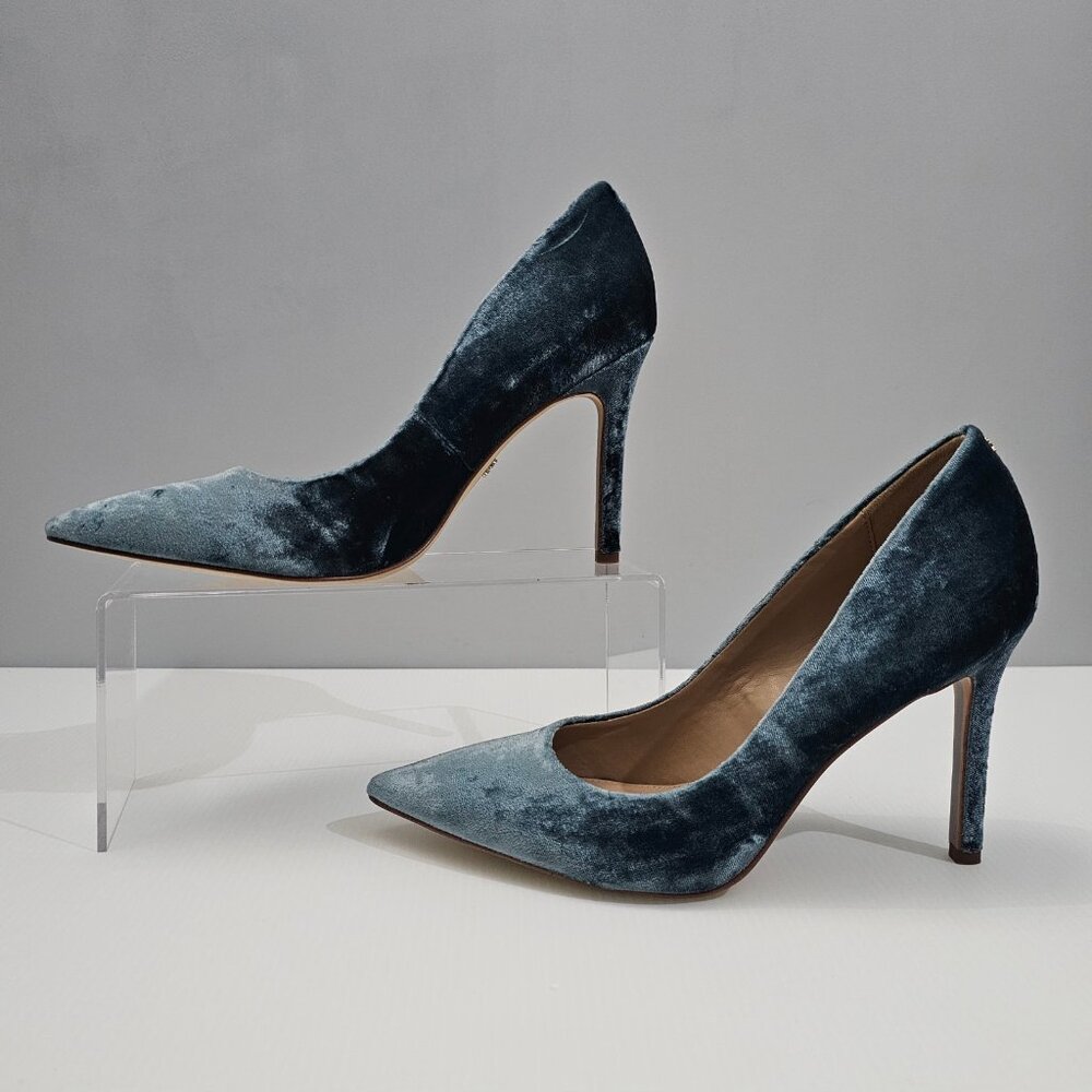 Sam Edelman Hazel Heel Pump Pointed Toe Stiletto Teal Velvet Size 8 NEW - Picture 2 of 14